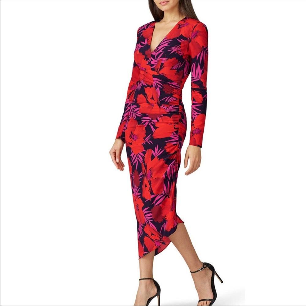 Veronica Beard Alvaro red black silk floral long sleeve asymmetric midi dress 14
